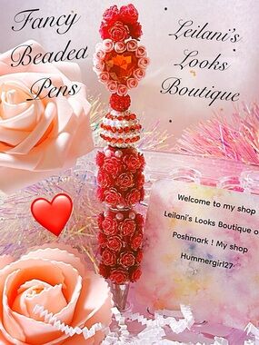 Fancy beaded pen/gifts/red heart/roses/red beads/girly